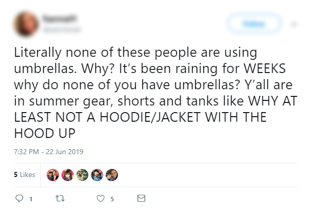 Tweet complaining about rain