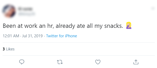 Tweet about eating all snacks at work